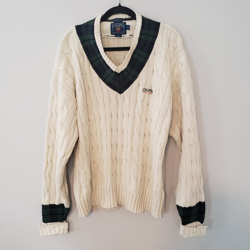 VTG Chaps‎ Ralph Lauren Mens Preppy Cable Knit Sweater XL Fisherman Tennis Ivory
